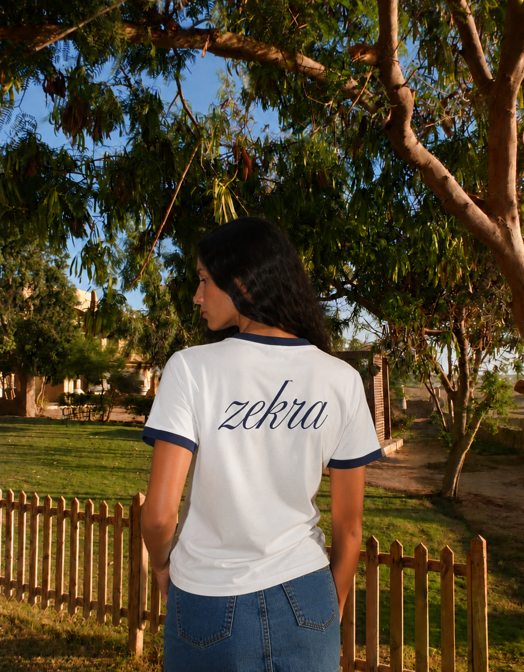 Zekra White Ringer T-shirt- Navy Ringers