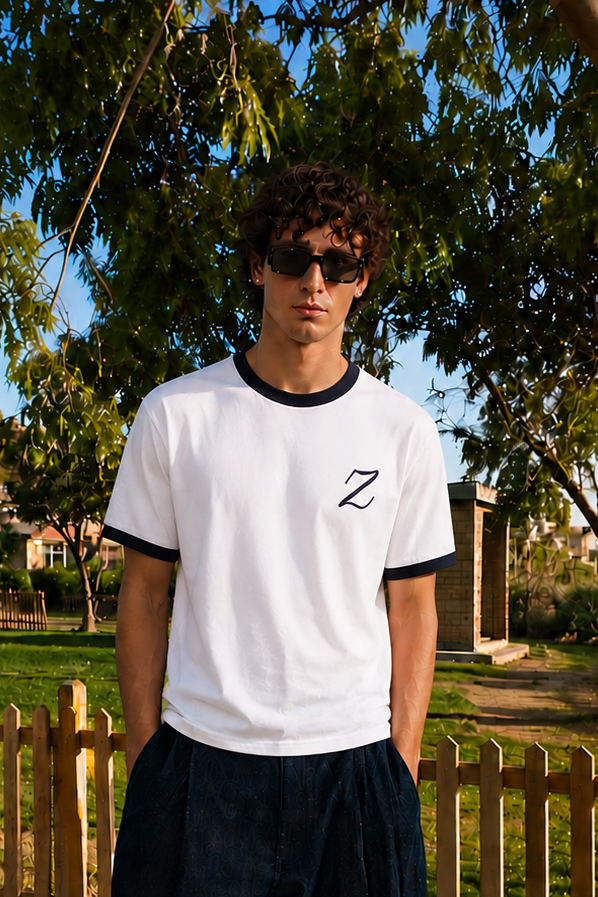 Zekra White Ringer T-shirt-Black Ringers