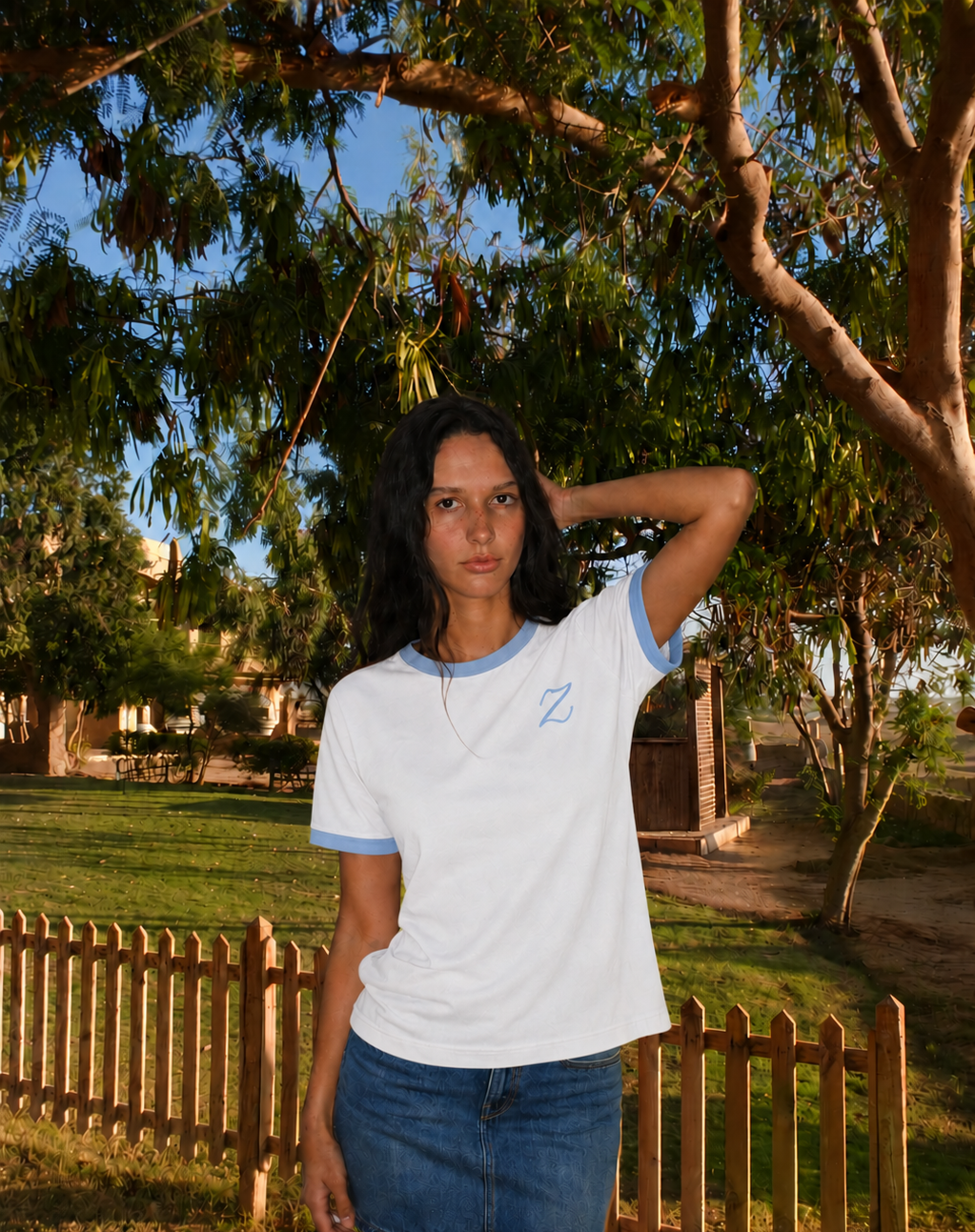 Zekra White Ringer T-shirt-Baby Blue Ringers