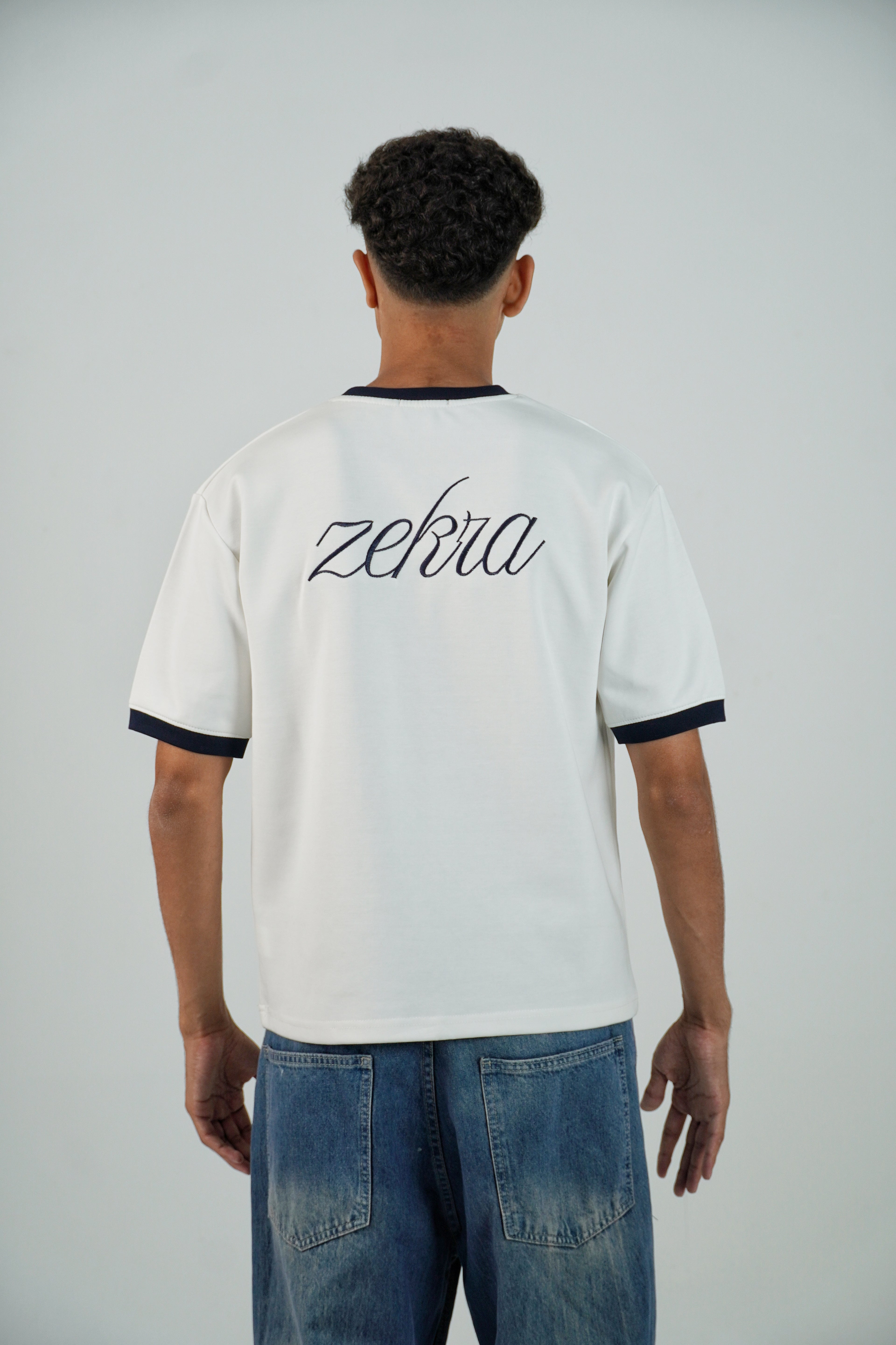 Zekra White Ringer T-shirt- Navy Ringers