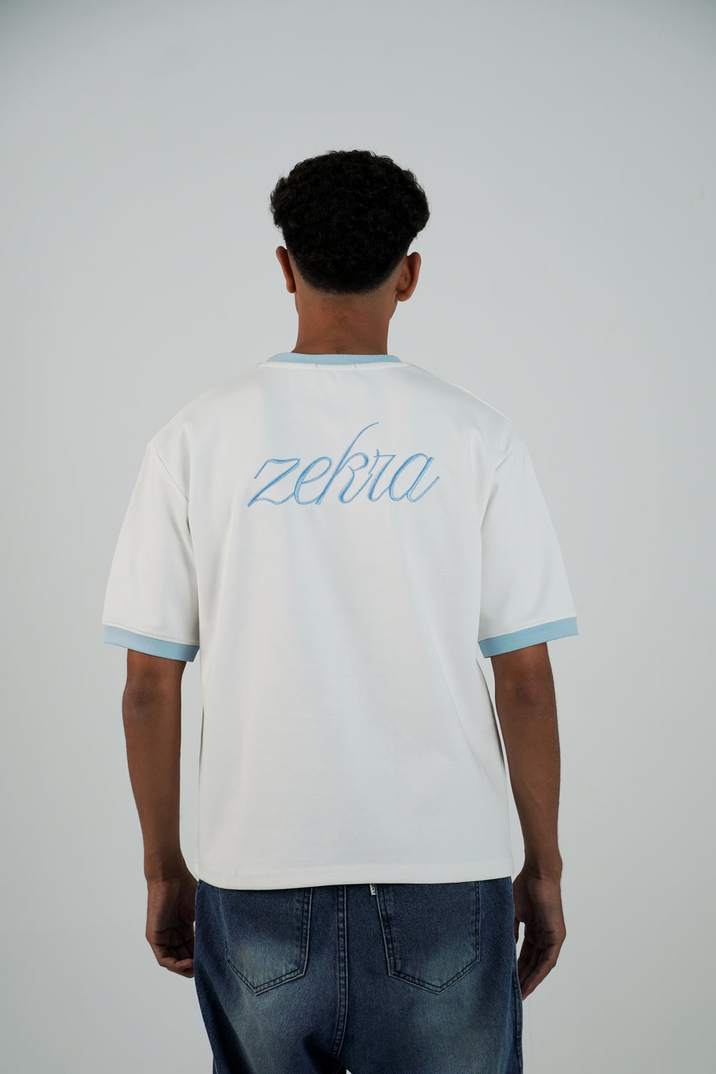 Zekra White Ringer T-shirt-Baby Blue Ringers