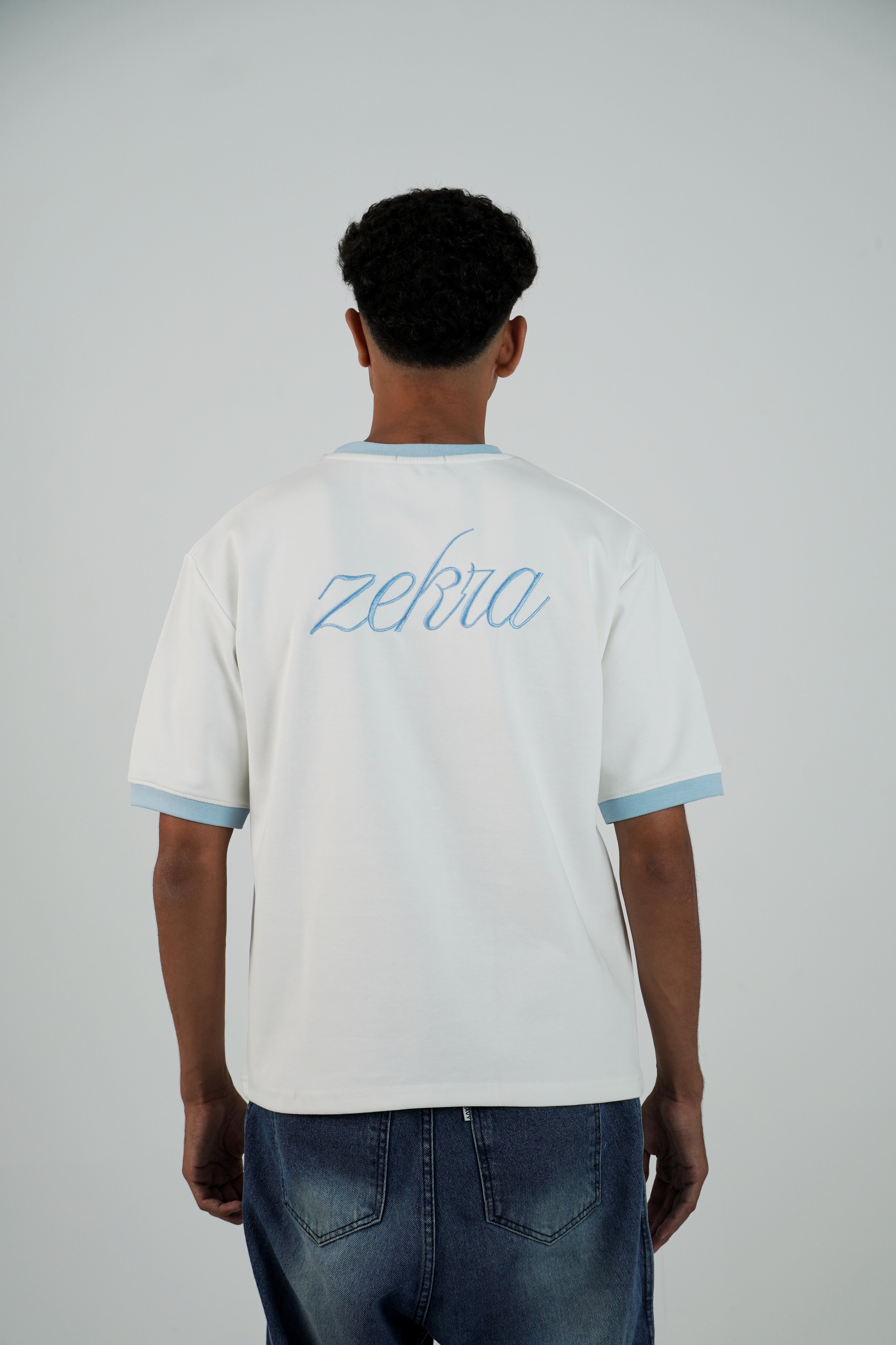 Zekra White Ringer T-shirt-Baby Blue Ringers