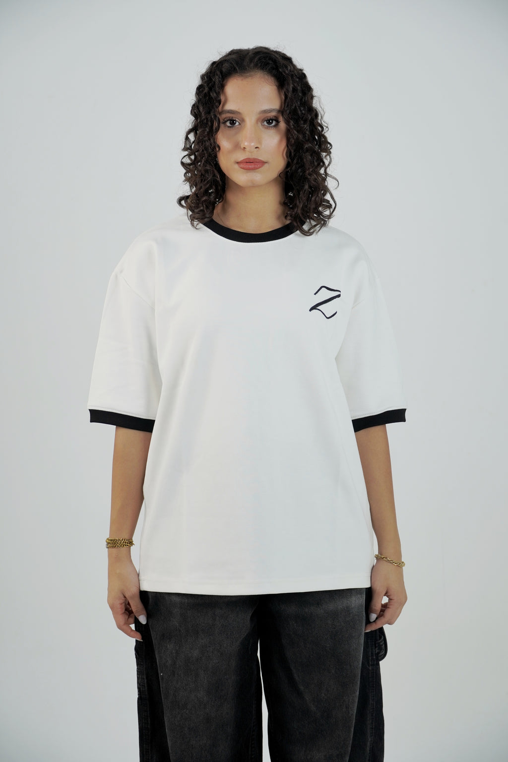 Zekra White Ringer T-shirt-Black Ringers