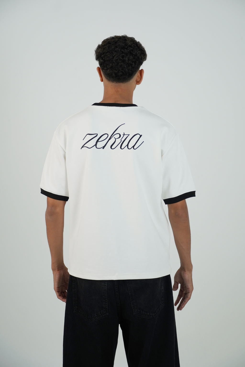 Zekra White Ringer T-shirt-Black Ringers