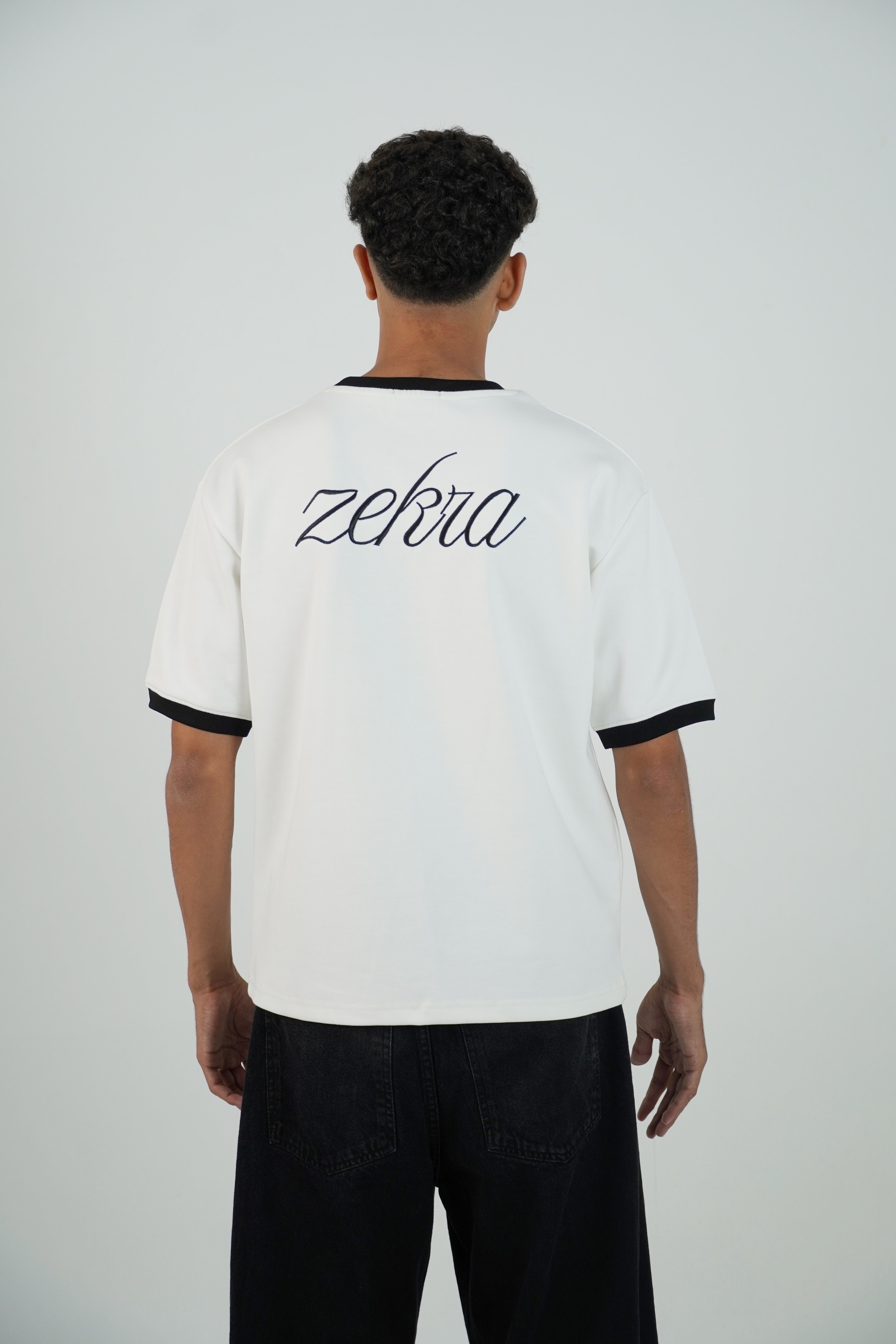 Zekra White Ringer T-shirt-Black Ringers